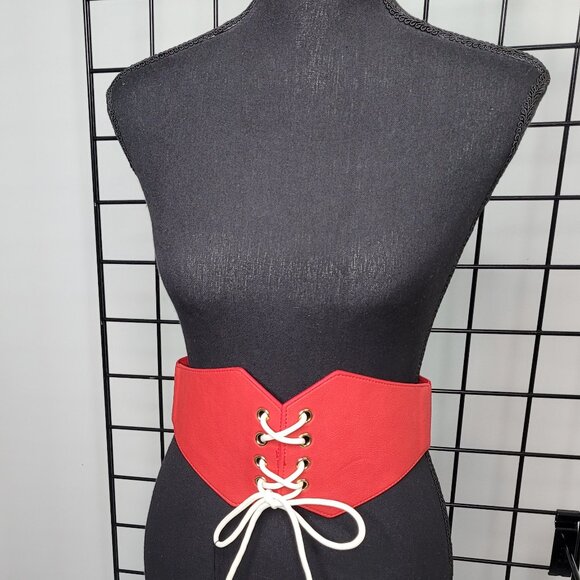 Women's LCF Steampunk Red and White Lace-up Elastic Waistband Corset Belt - Picture 13 of 17